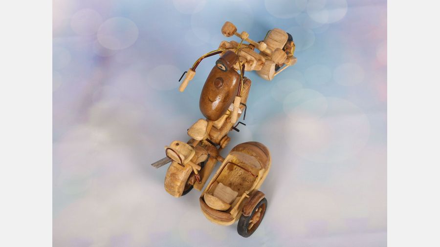 Wooden Handmade Motorcycle with side car - Rustic Toy vintage