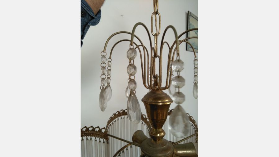 Old Italian Brass Lamp Sconce chandelier + cut & tubular Crystal glass from 50´s